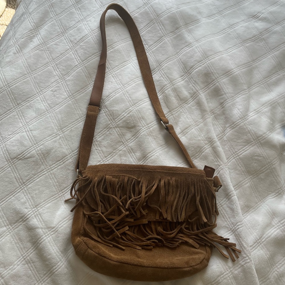 NWOT Brown suede fringe cross shoulder purse